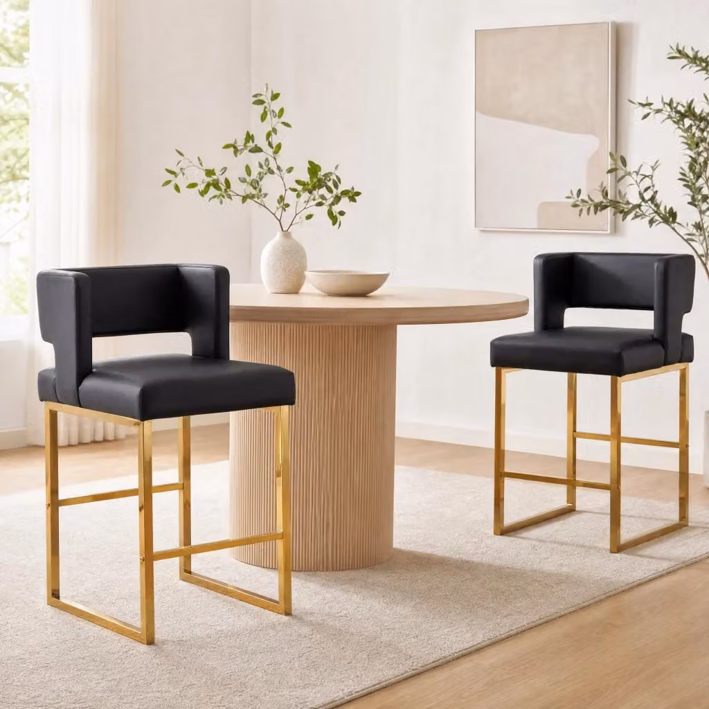 Sgabello da bar MIVRAY con seduta quadrata imbottita in pelle PU nera e gambe in metallo oro, Altezza: 91,4 cm – 2