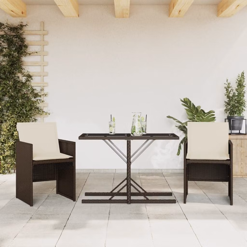 Set Bistrò vidaXL in Polyrattan Marrone con Cuscini Beige e Tavolo in Vetro per Giardino e Balcone