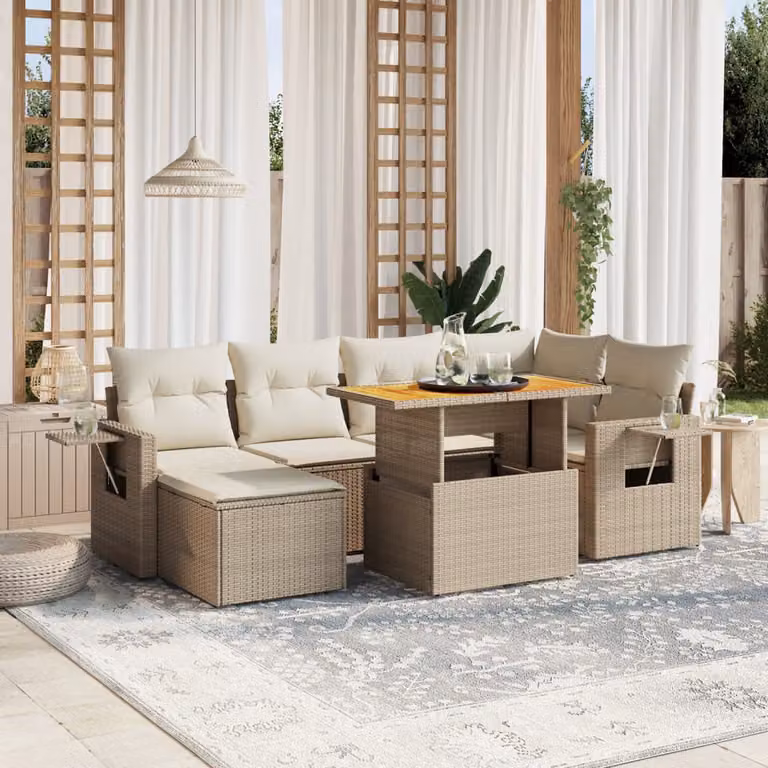 Set di divani da giardino vidaXL in 7 pezzi con cuscini beige in polyrattan e legno di acacia