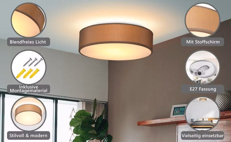 Lampada da soffitto in tessuto, 30 cm, tortora, attacco E27