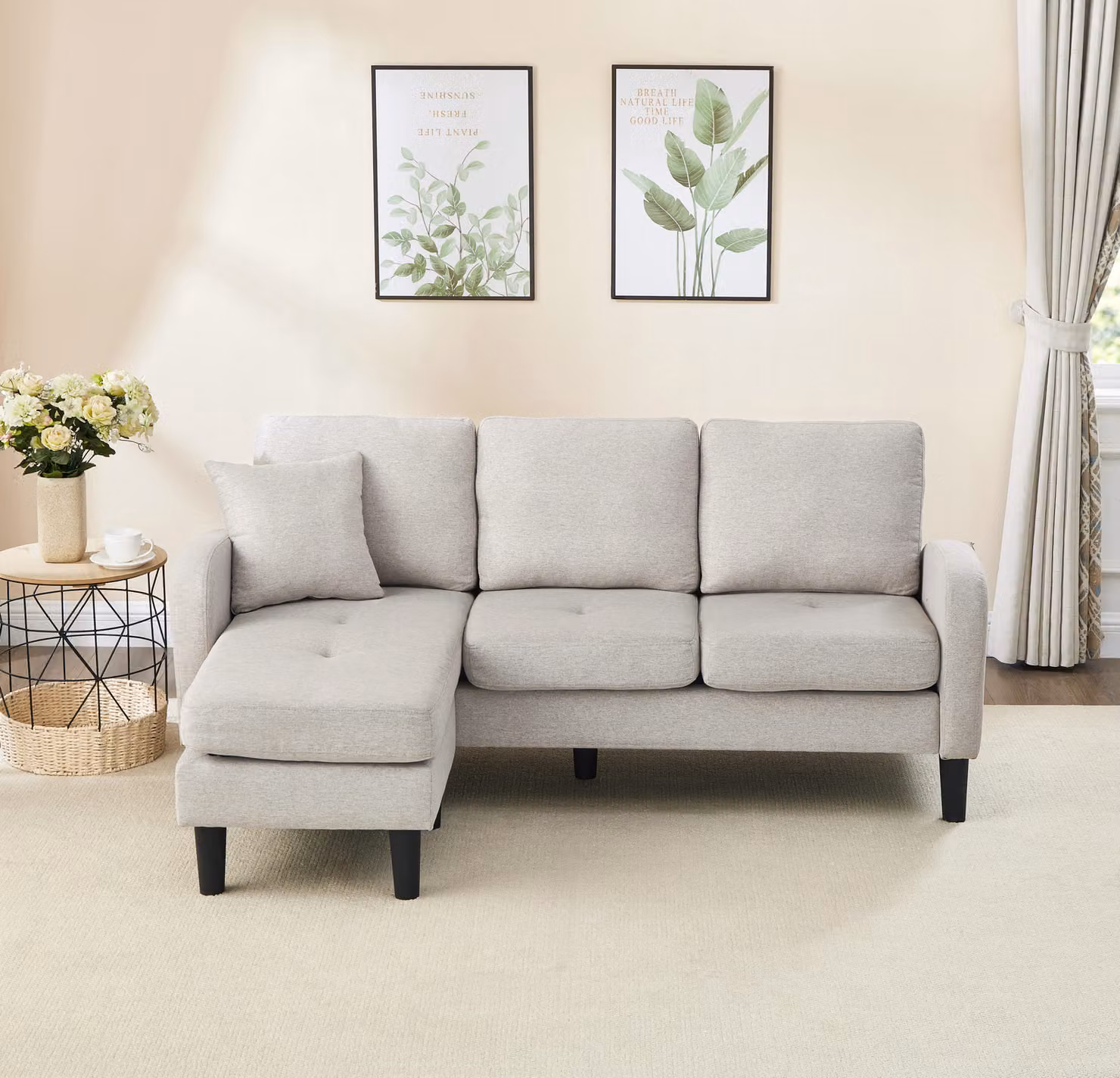 Divano angolare con chaise longue, dimensioni 166x118x77 cm, divano modulare a 3 posti con rivestimento in cotone e lino traspirante, ideale per soggiorno, appartamento e ufficio