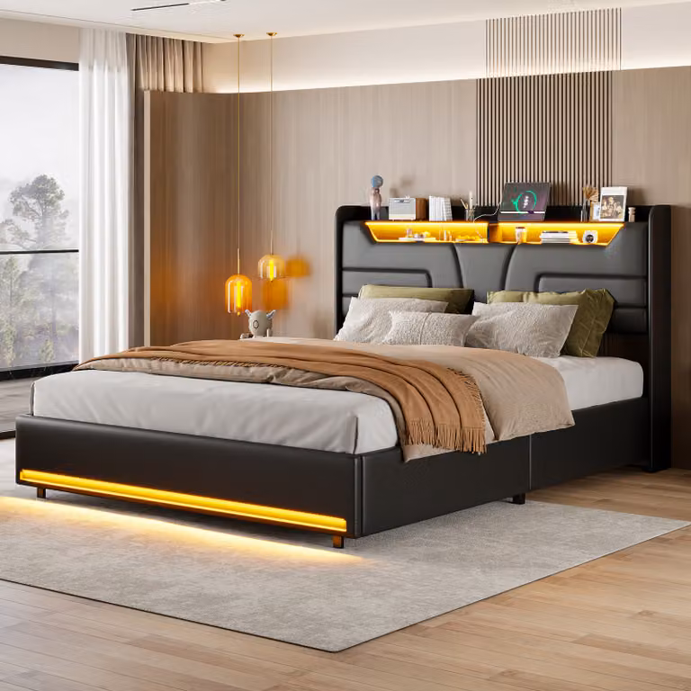Letto imbottito ProximaX 140x200cm con USB e prese, letto per ragazzi letto matrimoniale con rete a doghe e contenitore, letto contenitore con LED, Pelle finta, nero