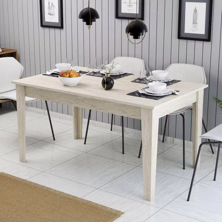 Skye Decor, tavolo da pranzo di alta qualità, travertino, 145 x 75 x 88 cm | Pannello truciolare rivestito al 100% in melamina, spessore 18 mm | Design moderno con gambe in melamina grigia, ideale per la tua casa.