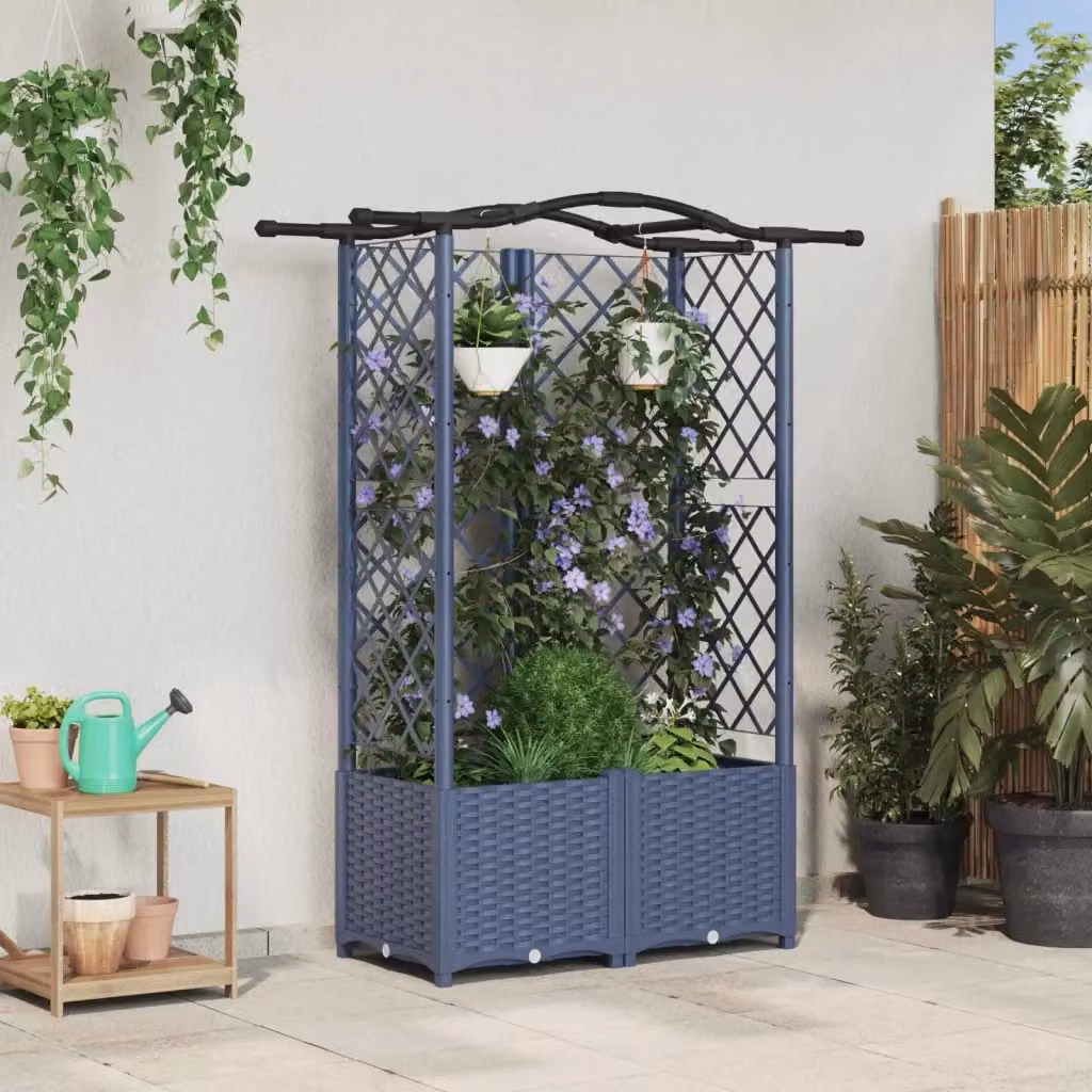 Cassetta per fiori e letto rialzato con griglia e tetto per giardino e balcone, colore grigio e blu, L 122 cm x P 40 cm x H 141 cm – 2