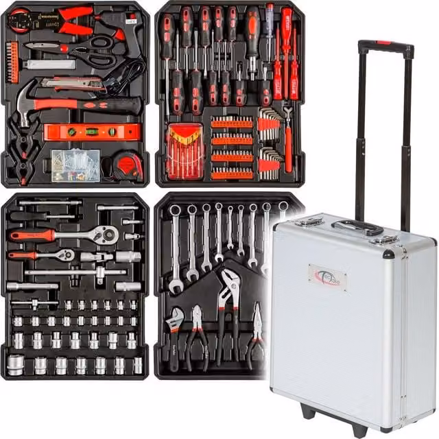Cassetta Attrezzi Portatile con Trolley Trade Shop, Officina con 187 Utensili e 4 Scomparti, Colore Argento