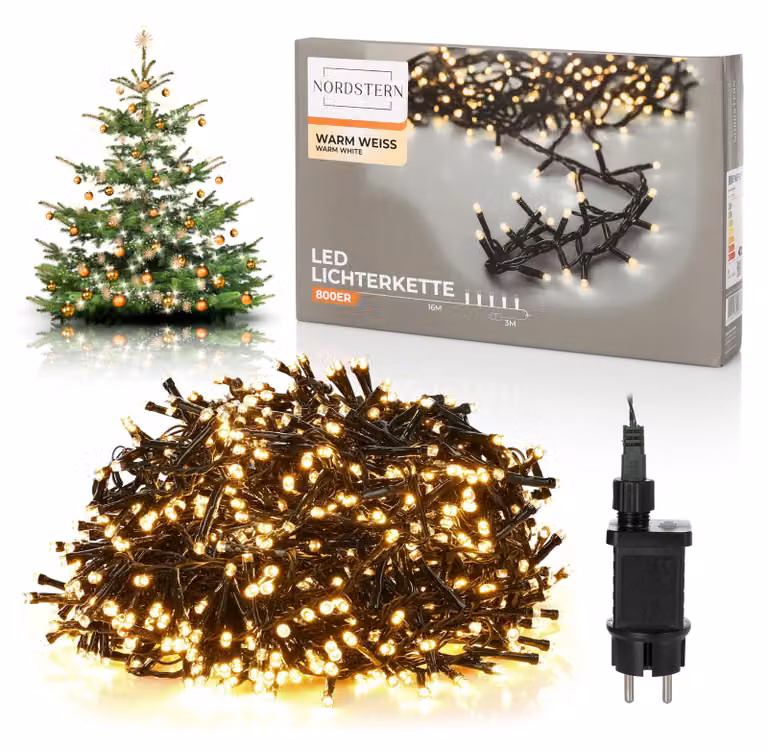 Catena luminosa, 800 LED, luce bianco caldo, ideale per decorare l'albero di Natale, illuminazione decorativa per interni ed esterni, con spina, 16 metri