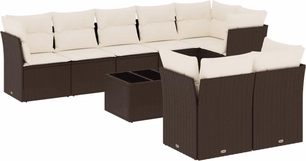 Set Divani da Giardino 9pz con Cuscini Marrone in Polyrattan