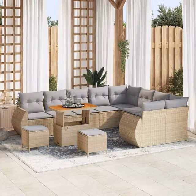Set Divano da Giardino Moderno vidaXL da 12 Pezzi Beige con Cuscini e Tavolino in Polyrattan e Acciaio – 1