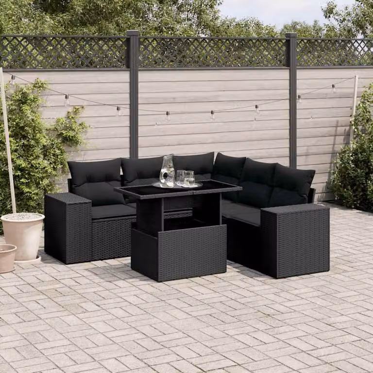 Set Divano da Giardino vidaXL 6 pz in Polyrattan Nero con Cuscini e Tavolino da Esterno a Forma di L
