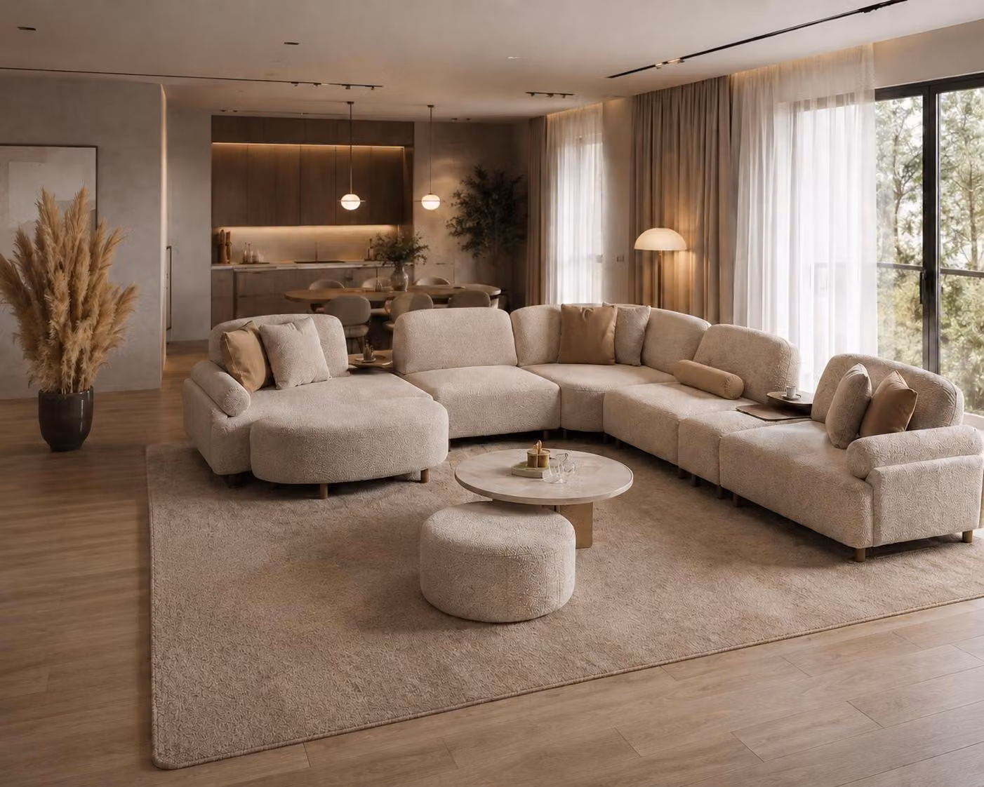 Set moderno per il soggiorno: divano angolare a forma di L, modulare, con poggiapiedi, comfort elevato,