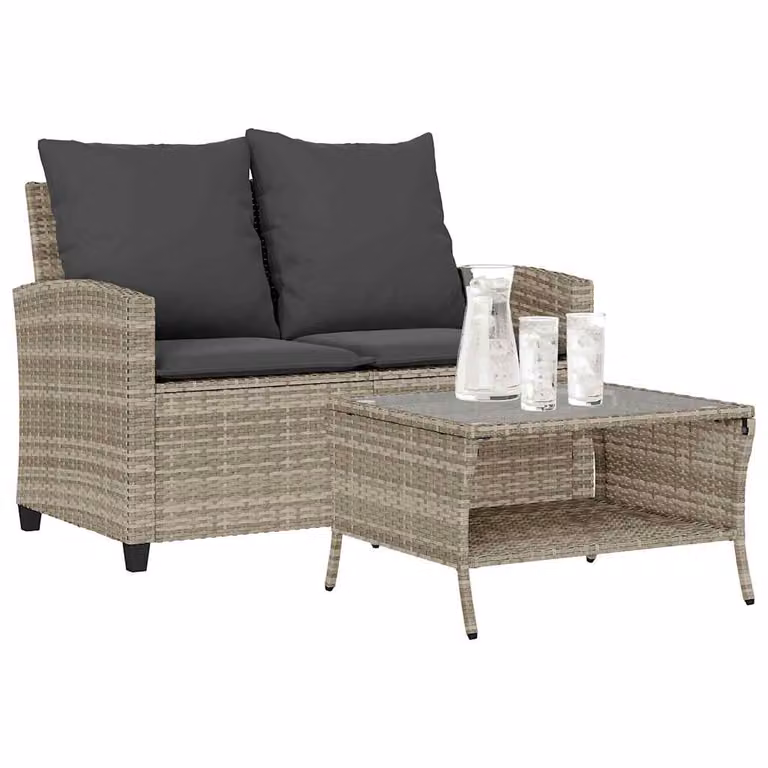 Set da giardino vidaXL con divano a 2 posti, tavolo in vetro e cuscini grigi in polyrattan e metallo