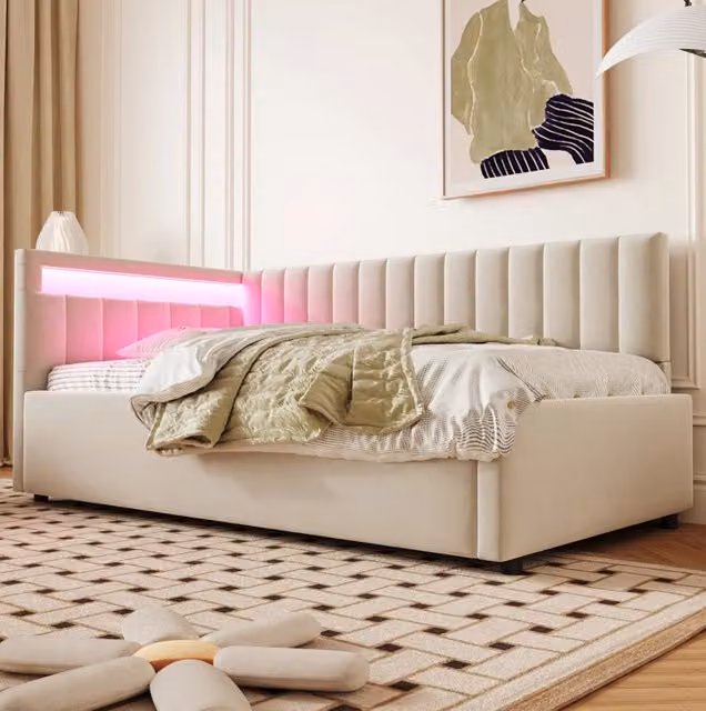 Divano letto 90x200 cm con LED e contenitore idraulico; velluto beige (Senza materasso)
