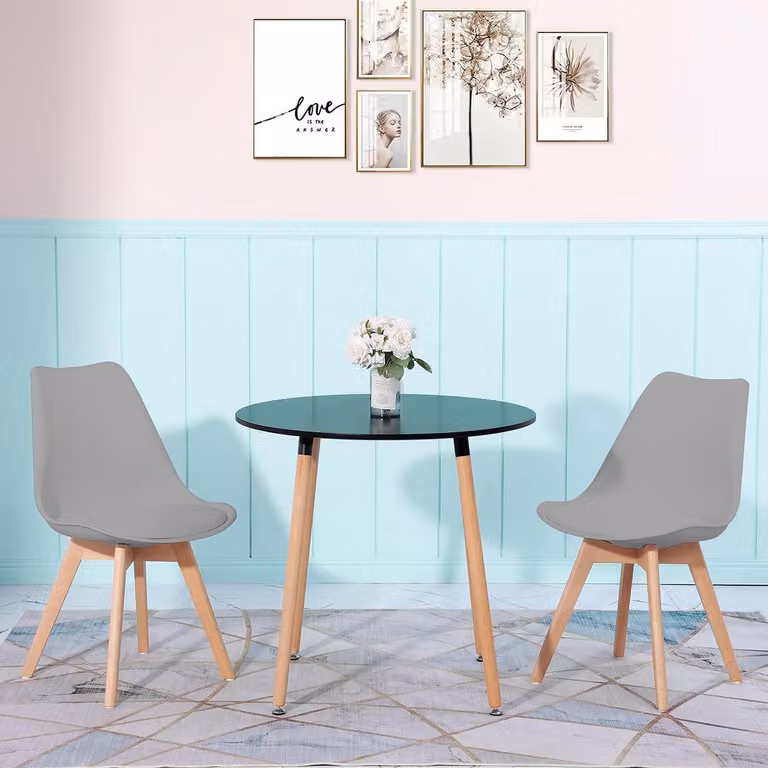 Set tavolo da pranzo con 2 sedie, tavolo rotondo, finitura nero noce, gambe grigie, dimensioni 80x80x74 cm