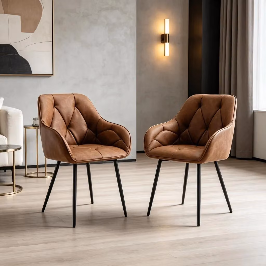 Set di 2 sedie da pranzo WISHDOR in similpelle marrone con braccioli e gambe in metallo e legno – 2