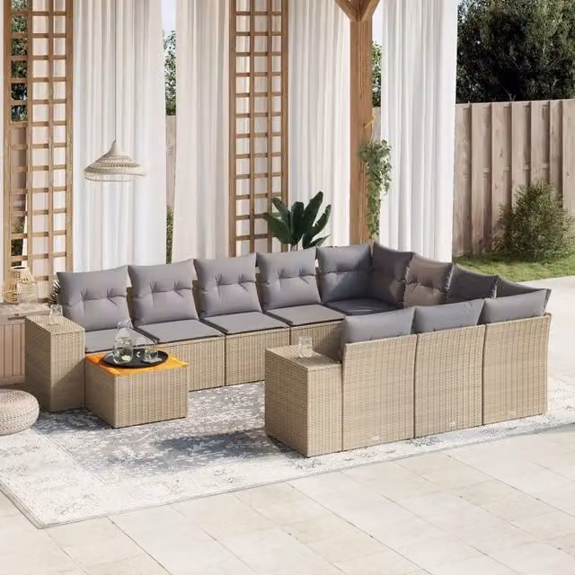 vidaXL Set Divani da Giardino 11 pz a Forma a U in Polyrattan con Cuscini Beige e Grigio