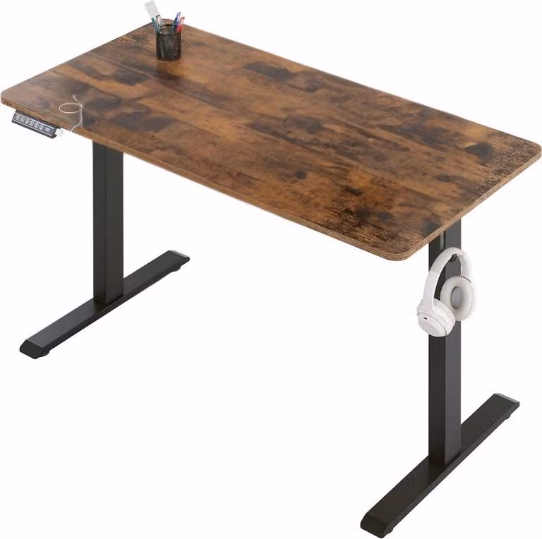 Happiq Scrivania elettrica regolabile in altezza - Scrivania ergonomica per casa e ufficio con porta di ricarica USB e funzione di archiviazione - 120x60 cm, Marrone
