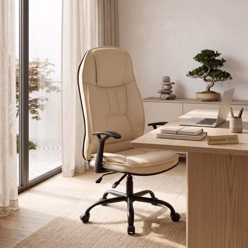Frankystar Sedia da Ufficio Direzionale Ergonomica in Similpelle Beige con Poggiatesta e Ruote Girevoli L/P/H: 50 x 120 x 131 cm – 2