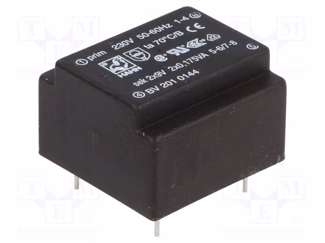 1 trasformatore: rivestito, 0,35 VA, 19 mA, 9 V, 230 VAC, 9 V, 19 mA, 25 g, codice BV 201 0144 - Trasformatore