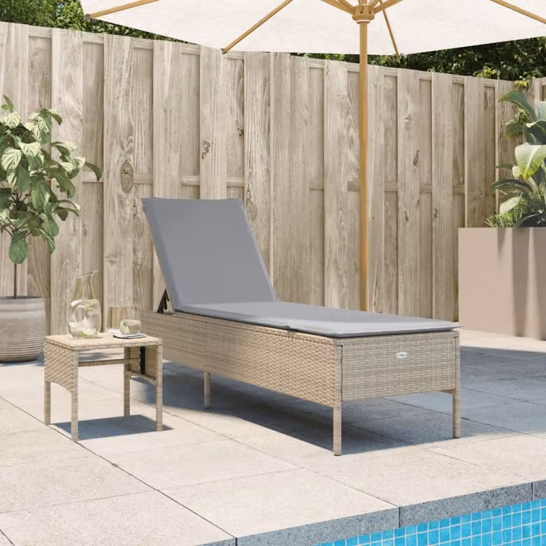 vidaXL Lettino Prendisole in Polyrattan con Tavolo e Cuscino Beige e Grigio per Giardino