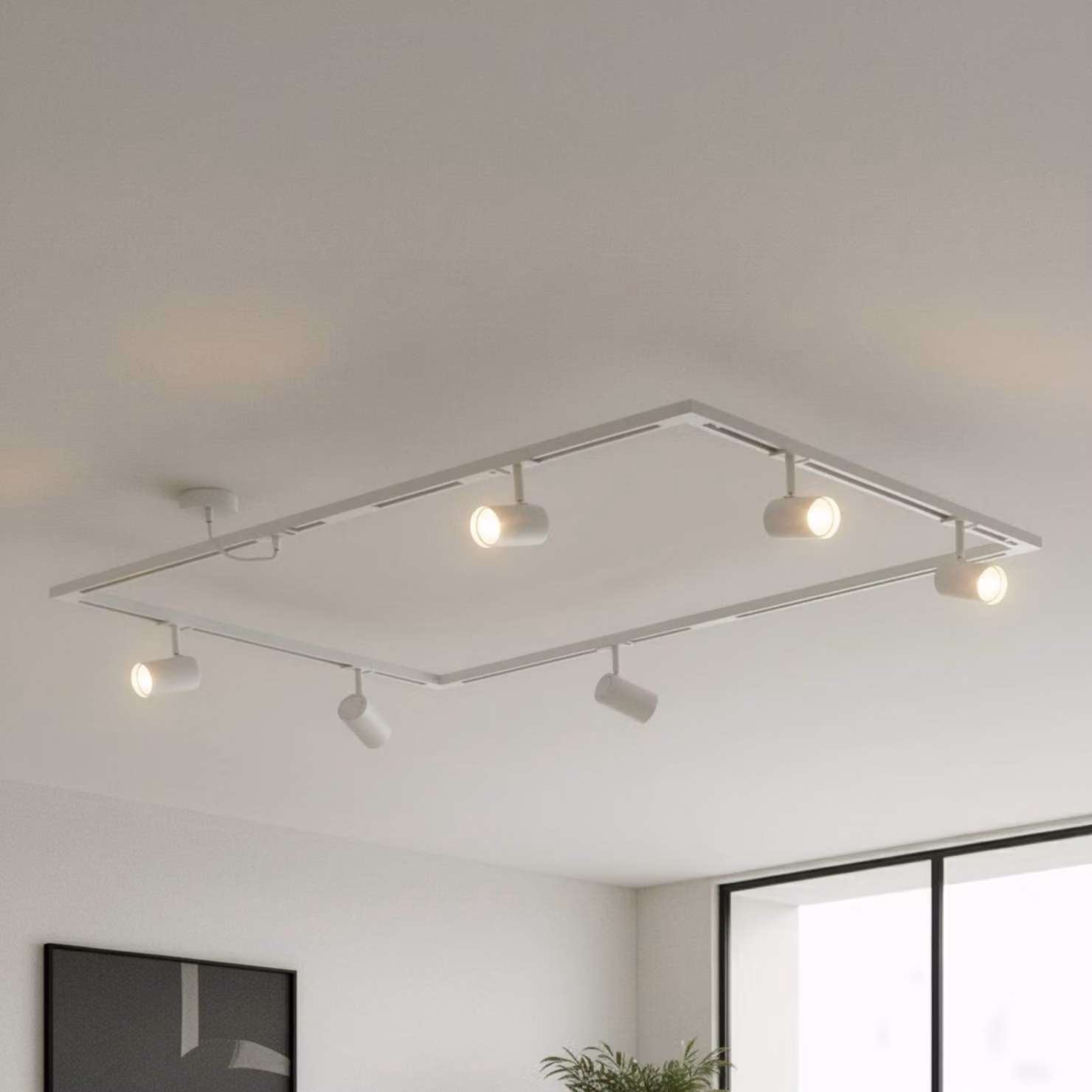 Sistema di binari Lindby Linaro, GU10, a 6 luci, bianco, forma O Linaro, Bianco / Opale, Soggiorno / Sala da pranzo, Alluminio, Moderno