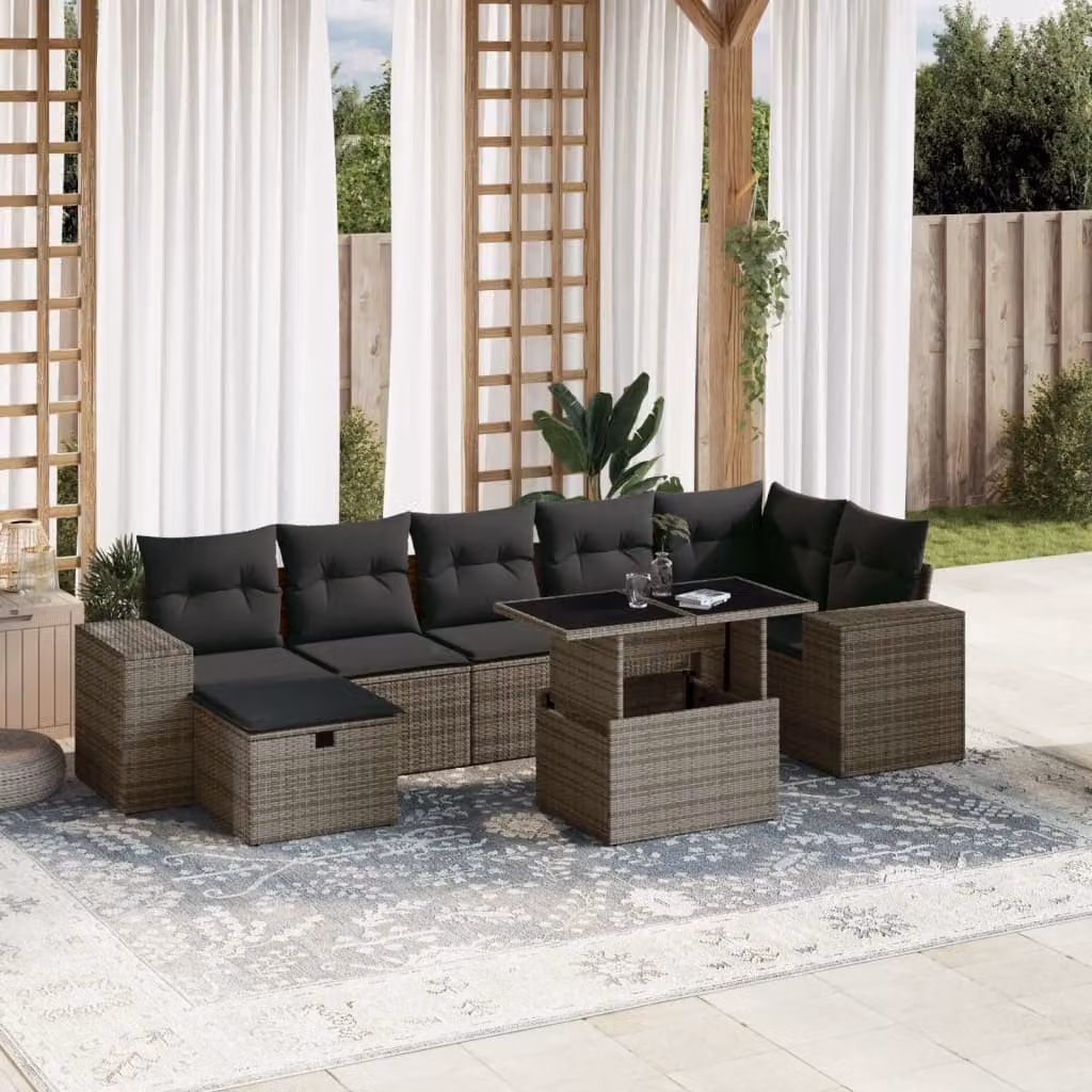vidaXL Set Divano da Giardino a L 8 pz in Polyrattan Grigio con Cuscini e Tavolino – 1