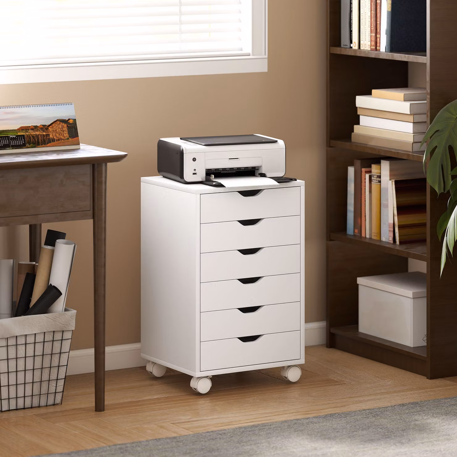 Cassettiera da ufficio HOMCOM con 6 cassetti, mobile moderno in legno truciolare bianco con ruote e blocco, L 40 cm x P 35 cm x H 63 cm – 2
