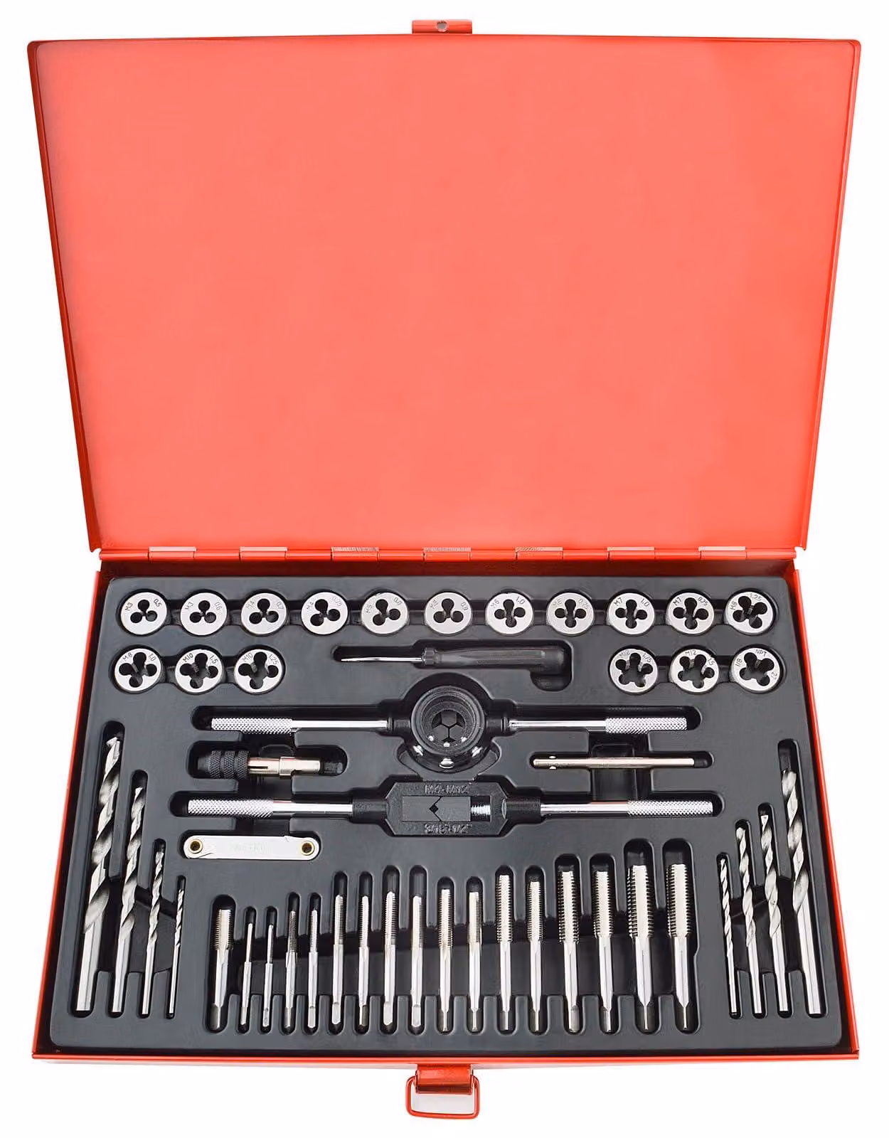 Set di 48 pezzi di maschi e filiere metrici, robusti, in lega di tungsteno, per filettatura, con punta conica, kit completo con valigetta in metallo rossa