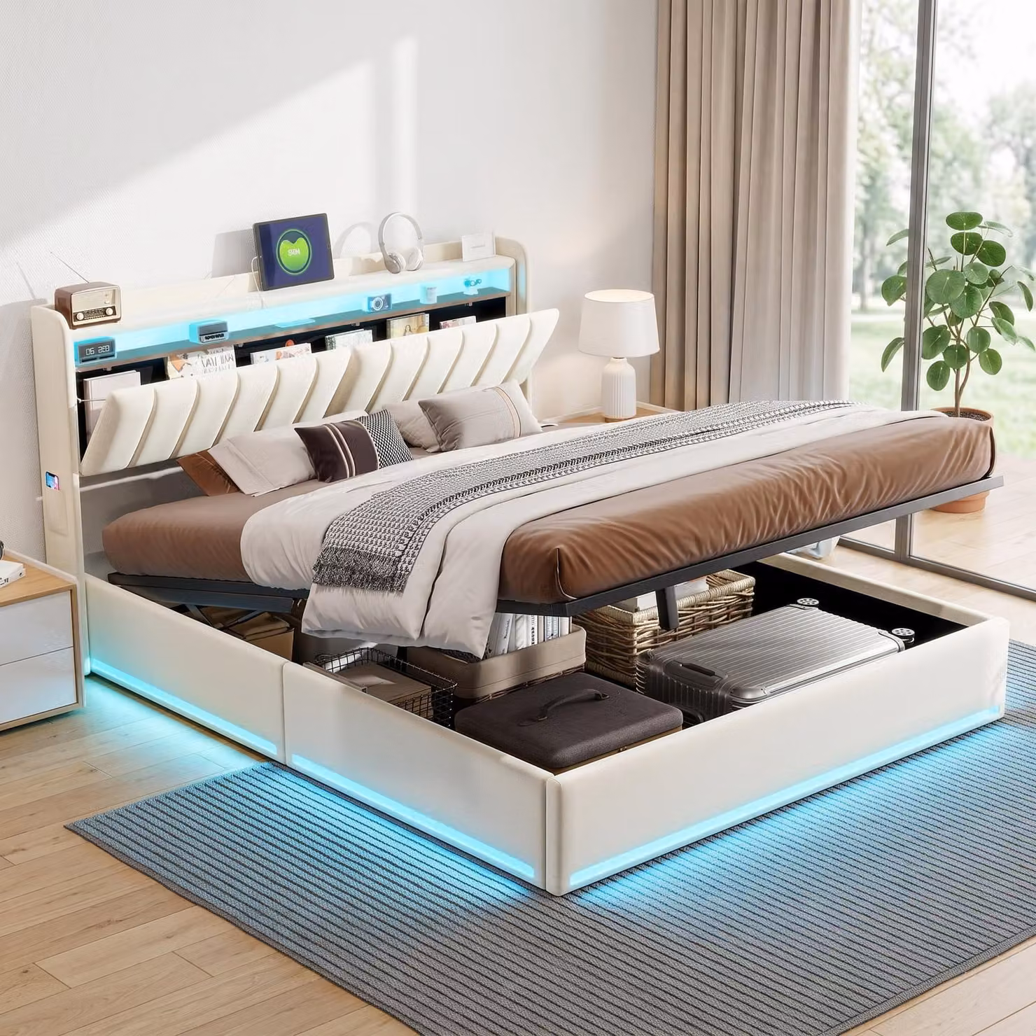 Letto imbottito INONEFT, modello boxspring, 140x190 cm, con illuminazione LED e caricabatterie USB, letto per ragazzi o matrimoniale, con rete a doghe e spazio contenitore a sollevamento idraulico, rivestito in velluto, colore beige