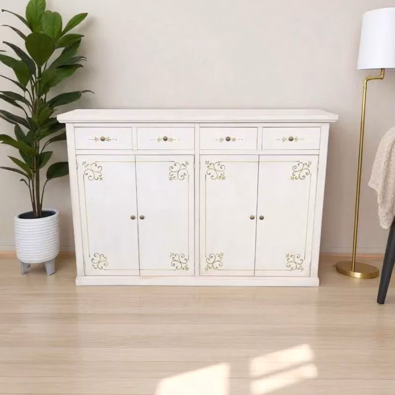 Madia credenza shabby chic in legno con 4 porte e decoro floreale bianco anticato e verde Mobili 2G L: 160 cm, P: 40 cm, H: 110 cm – 1
