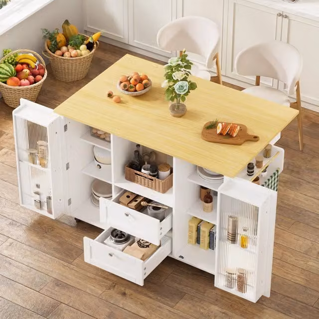 Isola cucina con ruote e piano di lavoro pieghevole; mobile cucina indipendente in MDF; naturale e bianco; 120 x 45 (70) x 92 cm
