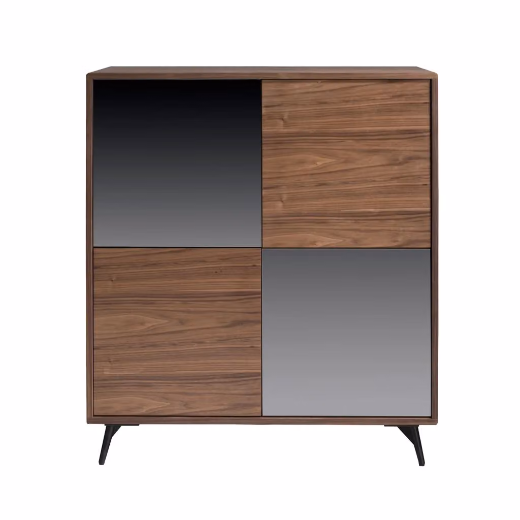 Credenza alta moderna Angel Cerdá in noce con ante in vetro e top effetto specchio nero – 2