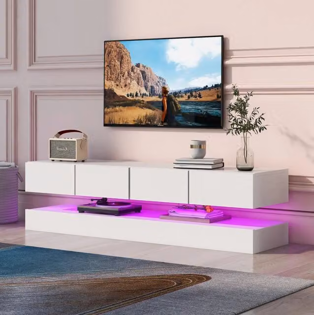 Mobile TV sospeso ULEVR 130x33 cm con 4 cassetti, mobile inferiore, LED Bluetooth e USB, MDF bianco