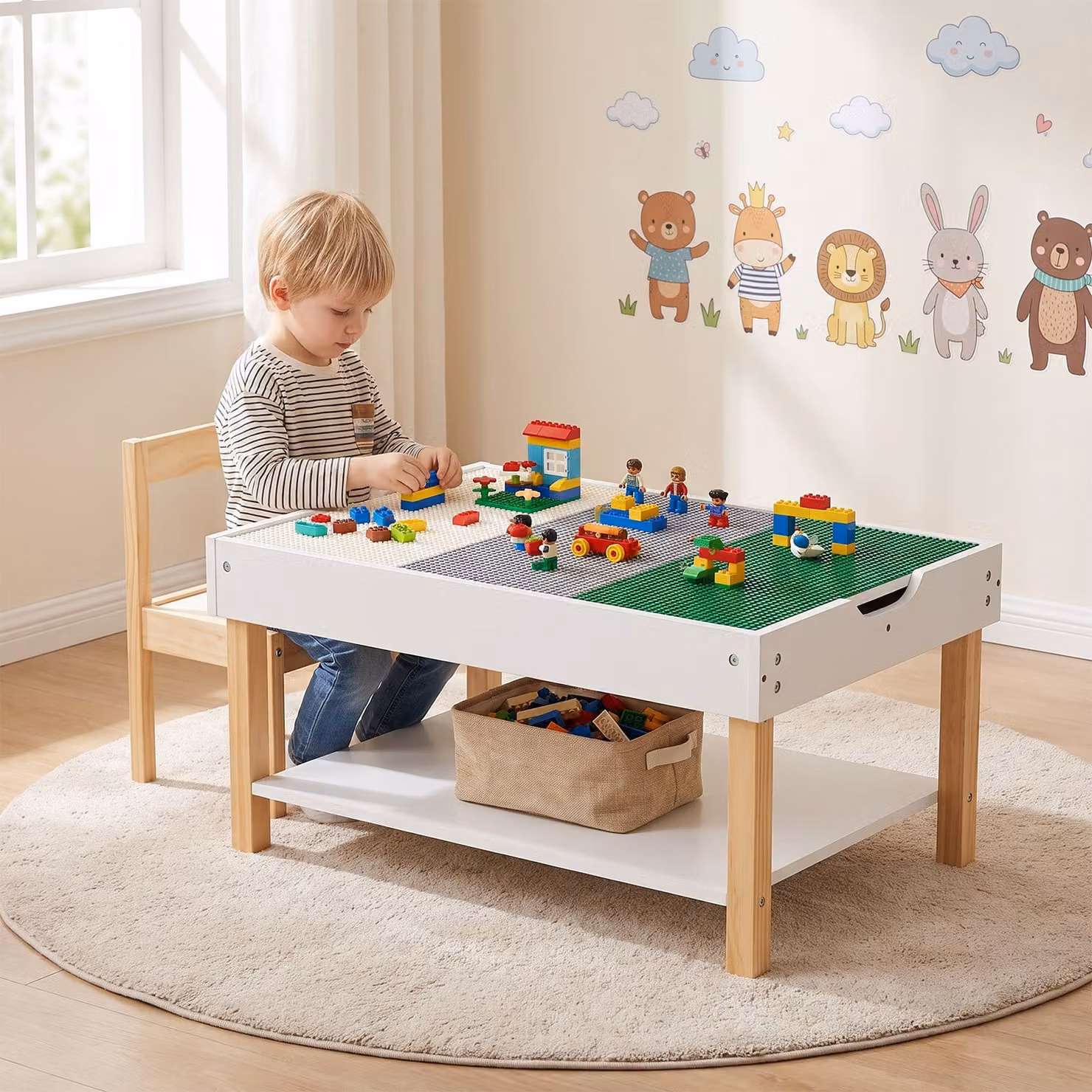 Tavolo multiattività Costway in legno bianco per bambini con piano reversibile lavagna e 2 ripiani