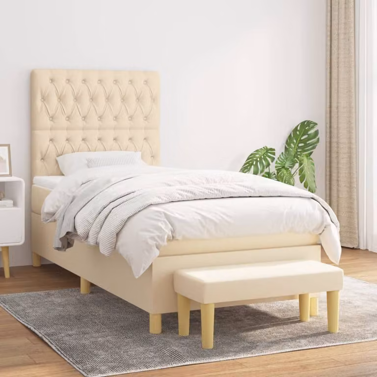 vidaXL Giroletto a Molle Ibrido con Materasso in Tessuto Beige e Bianco, L/P/H: 90 x 190 x 4 cm