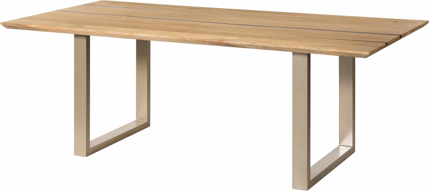 MASSIVMOEBEL24 | Tavolo da pranzo in legno di mango e resina epossidica nera 260x100x76 laccato natur / gambe a U argento matt EPOXY