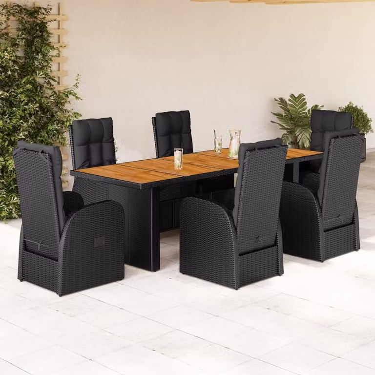 Set da Pranzo da Giardino vidaXL in Legno di Acacia Oliato e Polyrattan Nero con 7 Pezzi