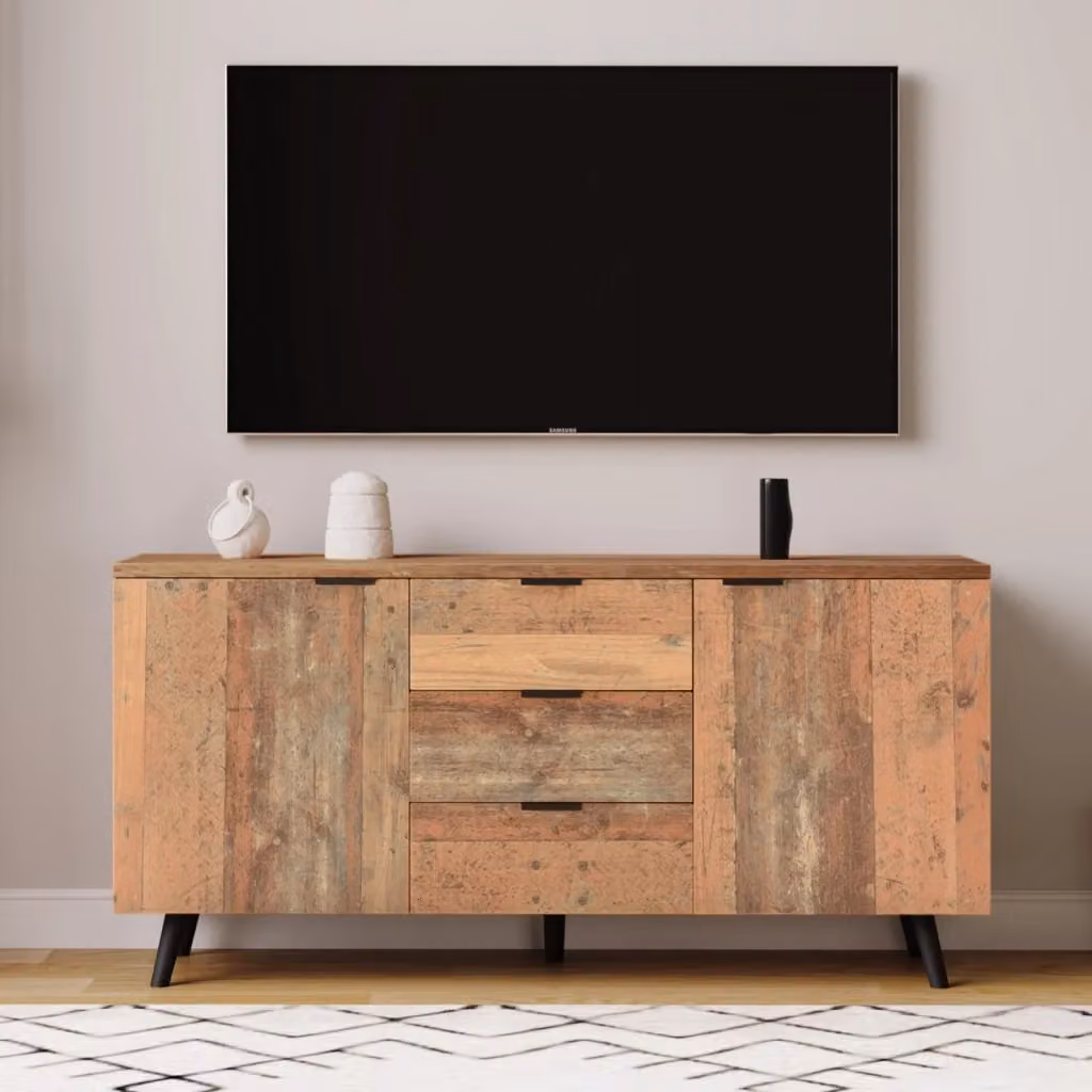 Mobile porta TV OKWISH in legno marrone vintage con 3 cassetti e ripiani regolabili, L: 140 cm, P: 35 cm, H: 70 cm – 2