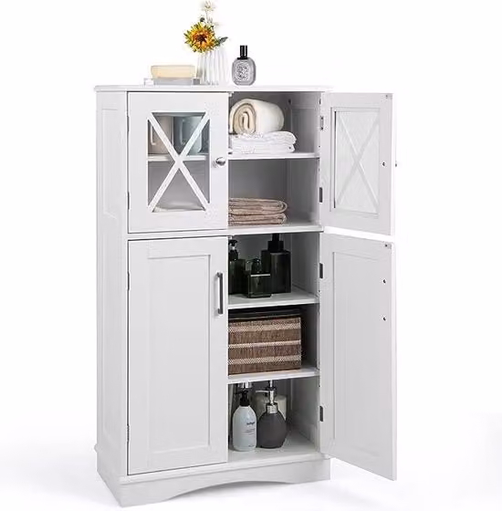 Cassa da bagno in legno, cassettiera bianca con 4 porte e tavolo regolabile per soggiorno, cucina, ingresso, 60 x 30 x 108 cm