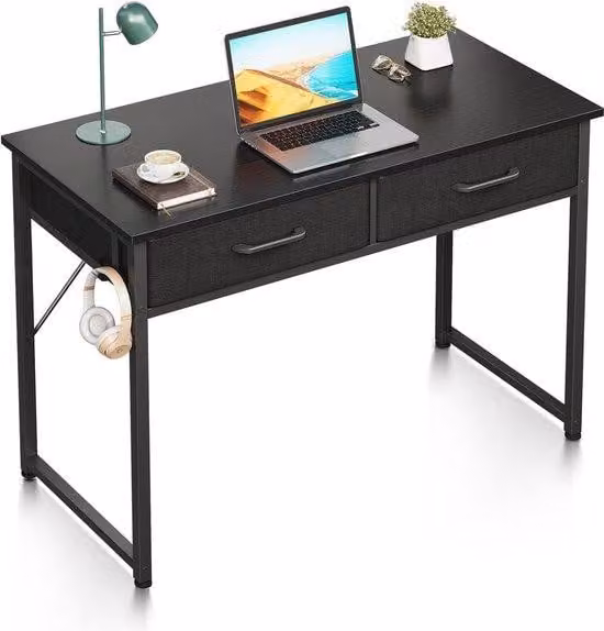 Scrivania compatta Ibenzoa® con 2 cassetti imbottiti e supporto per cuffie, colore nero, dimensioni 100 x 40 x 78,7 cm, struttura in metallo ed elementi in legno
