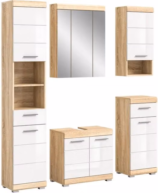 Set di mobili da bagno RIDLEY – Mobili sotto lavabo, mobile con specchio, colonna e mezze colonne – Bianco e quercia