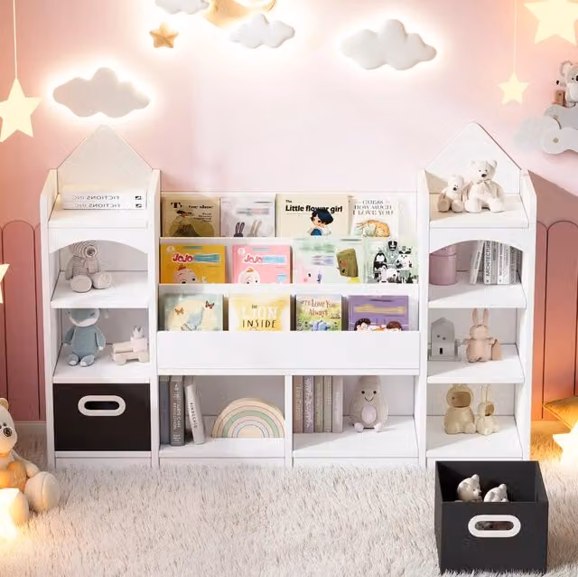 Libreria per bambini ULEVR a forma di castello con 2 scatole pieghevoli, MDF bianco, 130x30x90 cm