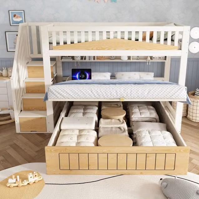 Letto a castello sfalsato con scala contenitore 90/140x200 cm; bianco e naturale
