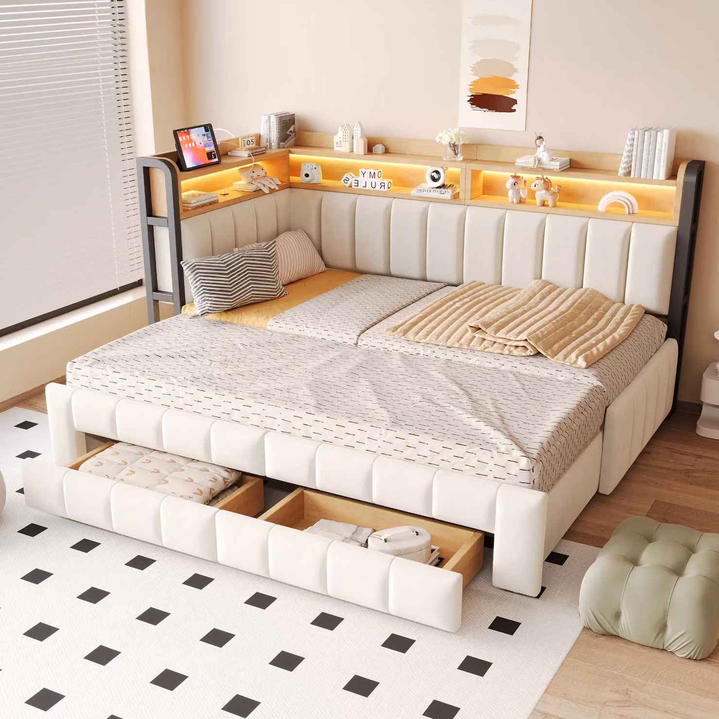Divano letto 90/180 x 200 cm, con letto imbottito estraibile, dotato di 2 cassetti, illuminazione LED, porte USB e di tipo C, ripiani e vani contenitori, rivestito in velluto color beige