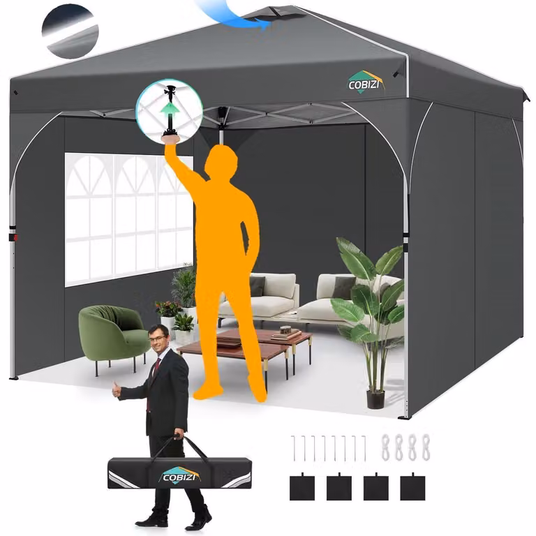 Gazebo da esterno 3x3 metri, grigio, impermeabile, con protezione UV 50+, dotato di 3 pannelli laterali e sistema di chiusura centrale