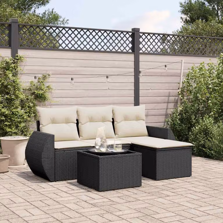 vidaXL Set Divani da Giardino a L 5 pz in Polyrattan Nero con Cuscini e Tavolino