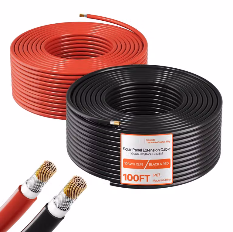 Prolunga per cavi solari - Set da 2 cavi da 10 AWG (circa 5,26 mm²) - 2x30,5 m - Rame stagnato - Per impianti fotovoltaici/PV off-grid - Resistente ai raggi UV e agli agenti atmosferici, impermeabile IP67 - Nero e rosso