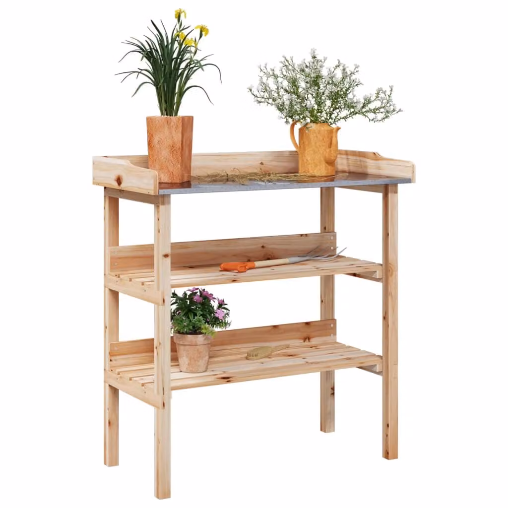 vidaXL Tavolo per piante in legno di abete massello e metallo, stile rustico, marrone, L 78 cm x P 38 cm x H 82,5 cm