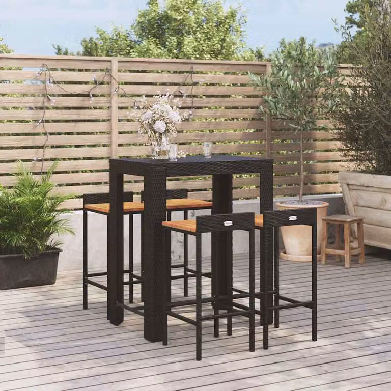 Set Bar da Giardino vidaXL in 5 Pezzi Nero in Polyrattan e Legno di Acacia