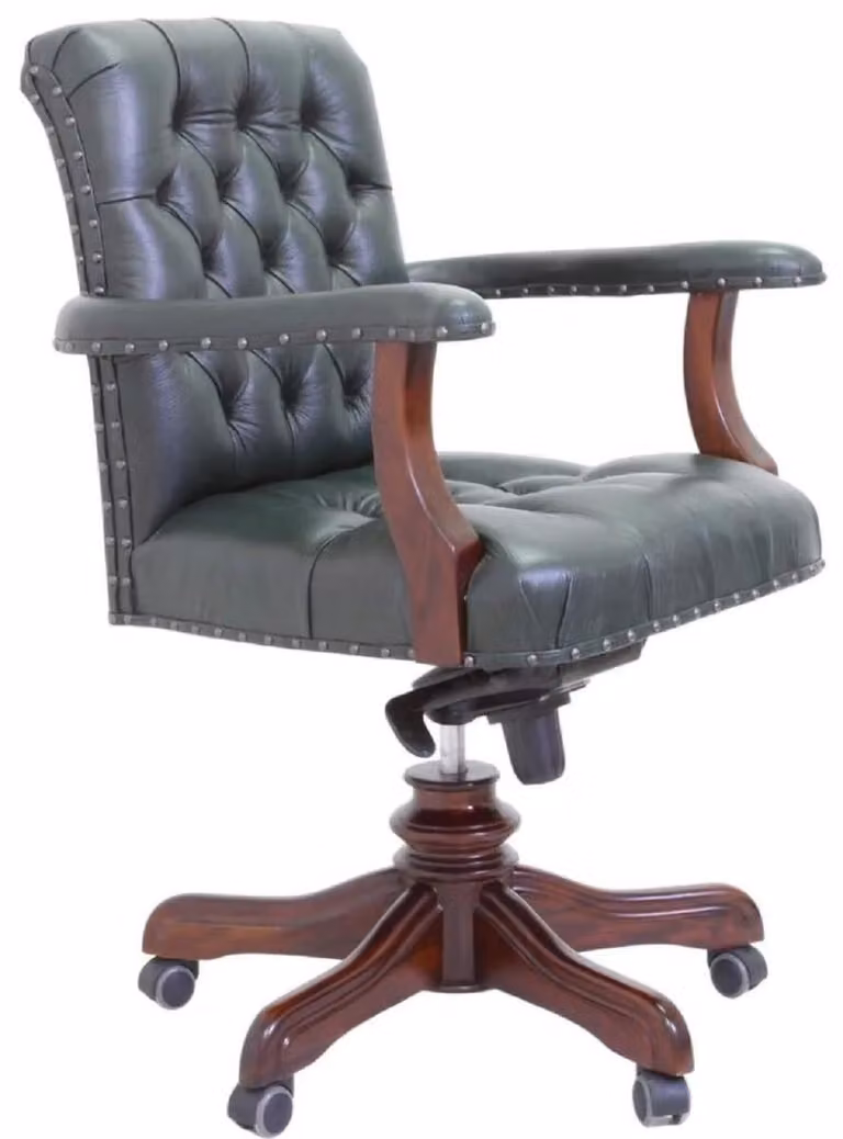 Casa Padrino sedia da scrivania Chesterfield in vera pelle verde / marrone - Mobili da ufficio Chesterfield