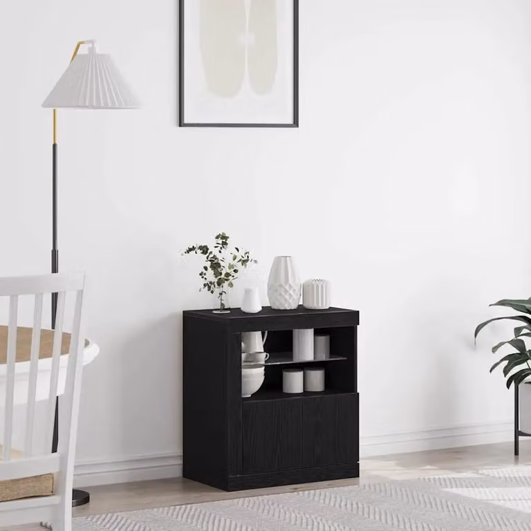 Madia moderna vidaXL con illuminazione LED integrata in nero, realizzata in legno MDF e vetro, L 60,5 x P 37 x H 67 cm